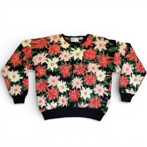 Northern Isles Hand Knit Pink Red White Flower Pattern Sweater Size Large